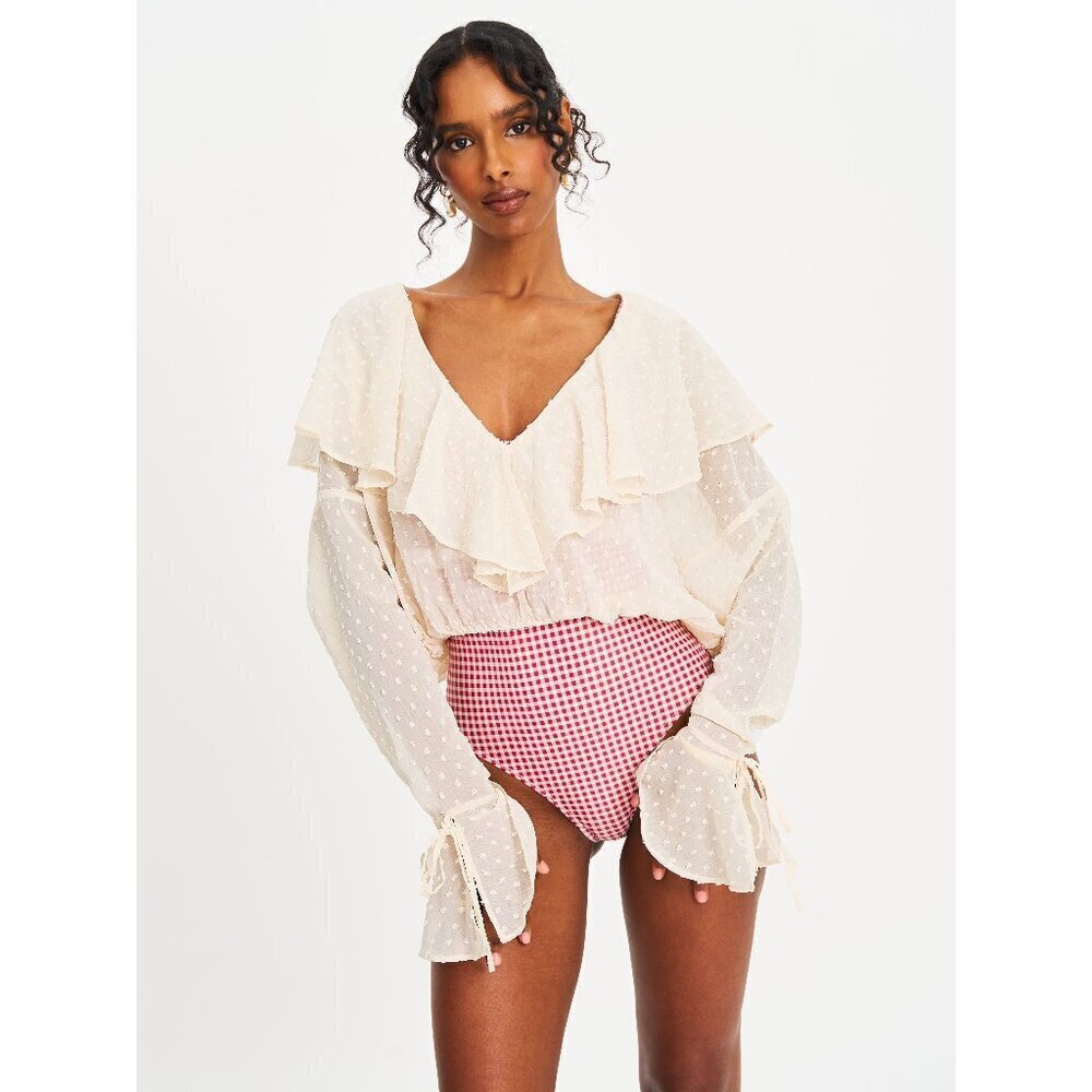 Magali Beige Dotted Mesh Ruffle Top